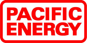 Alt Text: pacific energy logo in bold red and white, representing a gas fireplace brand