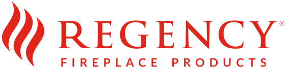 Alt Text: regency fireplace products logo with stylized flame design