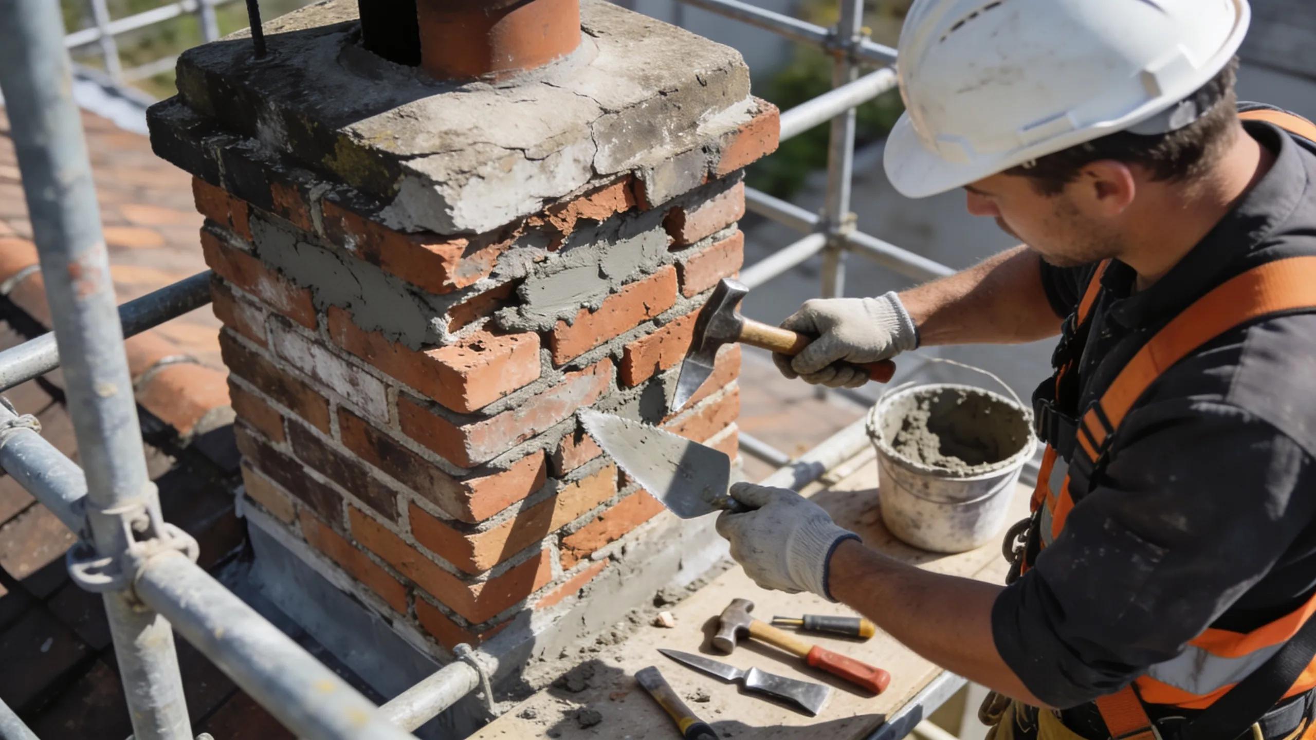 Mason conducting chimney repairs, focusing on brick replacement and masonry work to ensure structural integrity