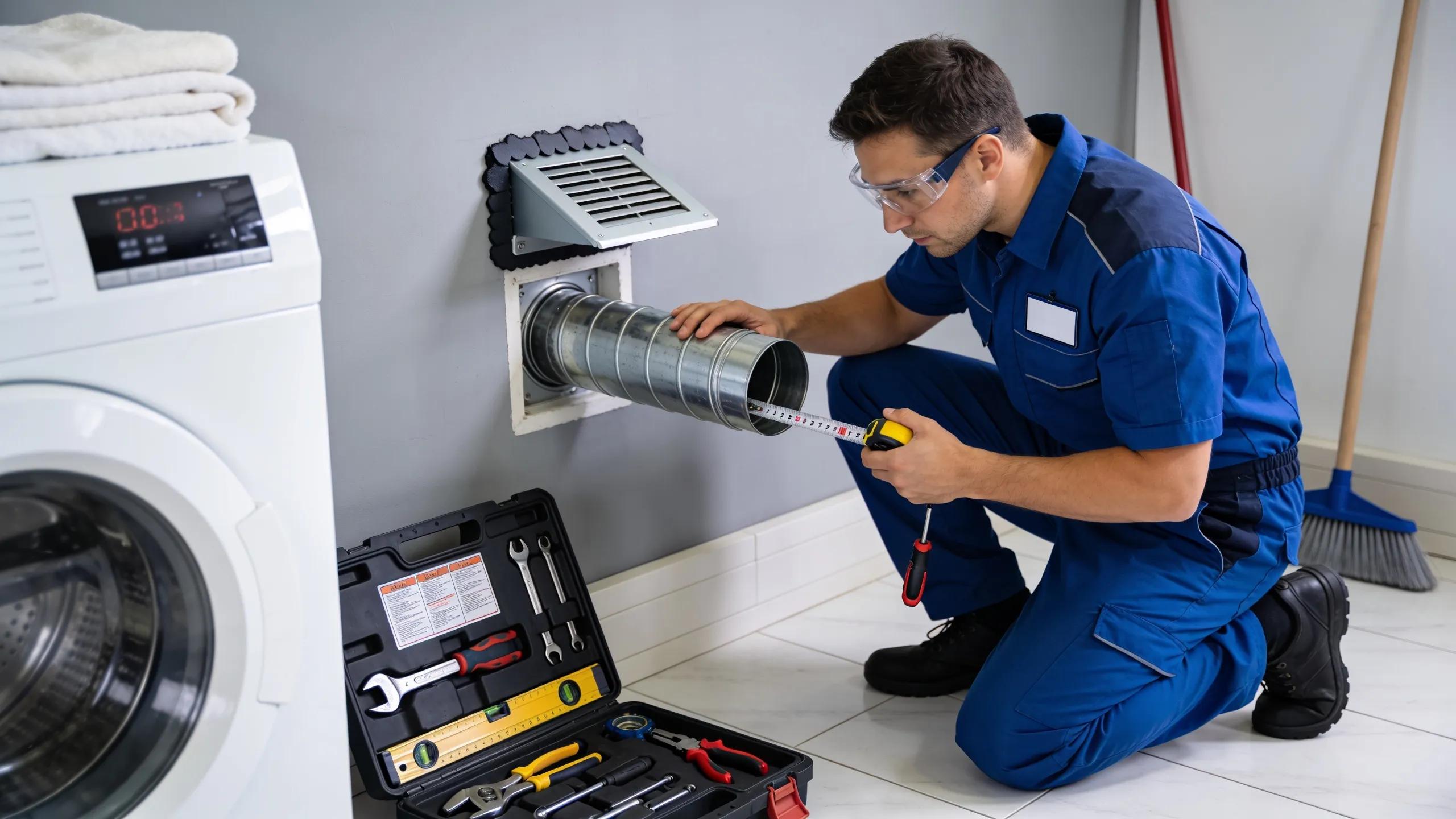 Technician installing a dryer vent to improve home energy efficiency and reduce fire risks