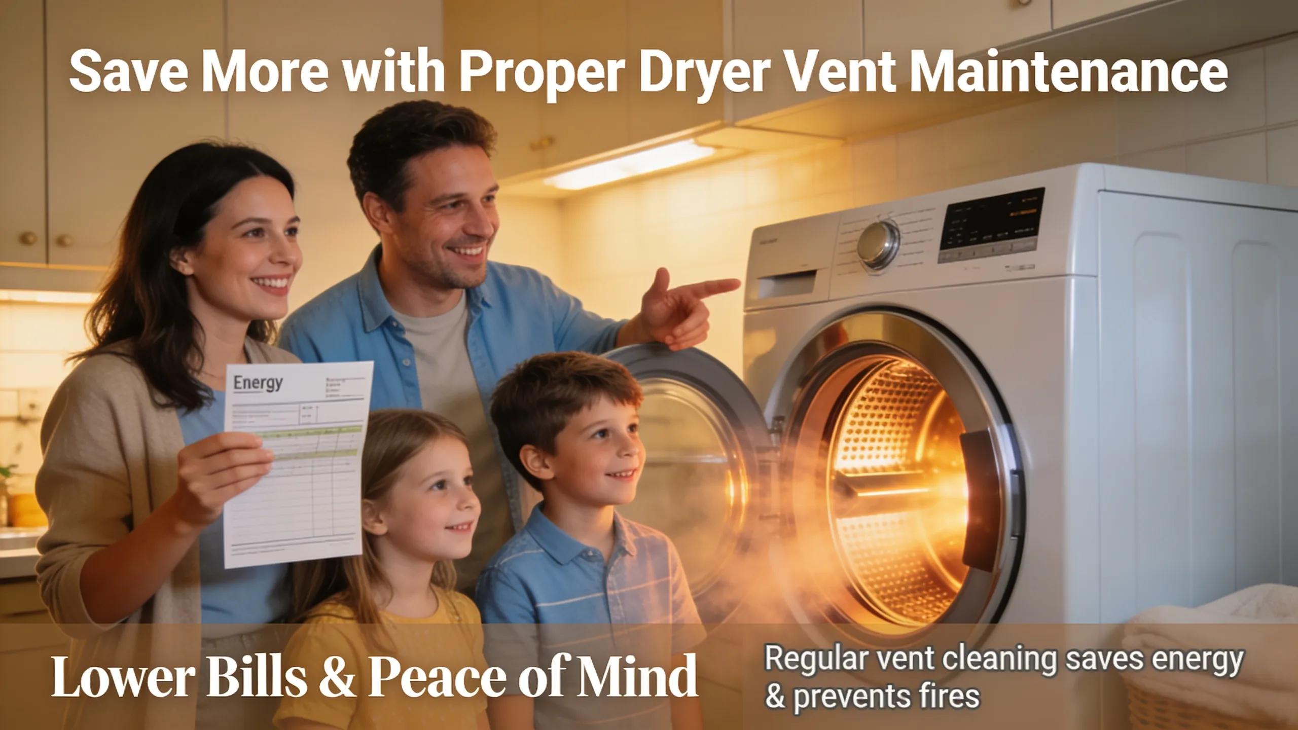 Family enjoying energy savings from regular dryer vent maintenance in their laundry room