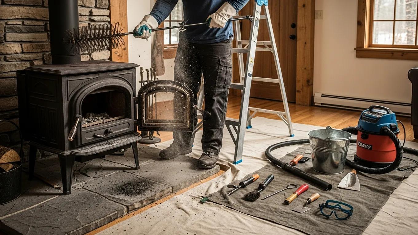 Homeowner cleaning a wood stove chimney, highlighting essential maintenance practices