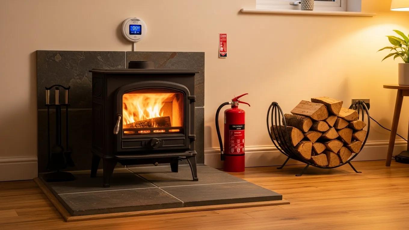 Safety setup around a wood stove, featuring a carbon monoxide detector and fire extinguisher