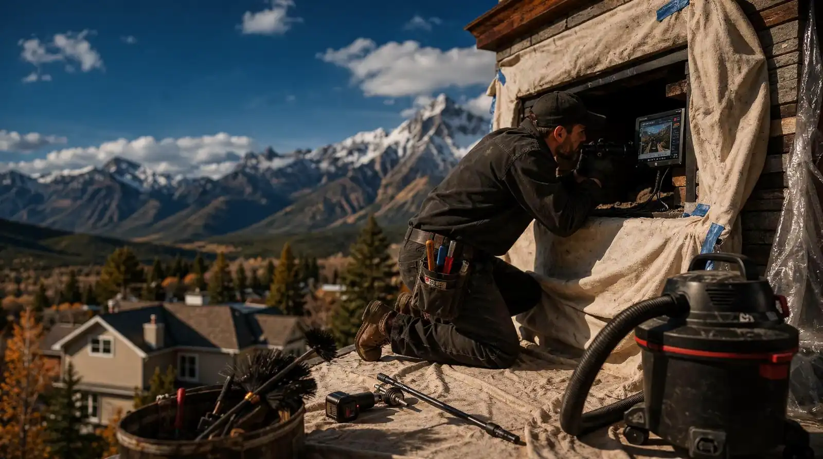 Annual professional sweeps are performed by CSIA-certified technicians as the foundation of chimney service.; Camera