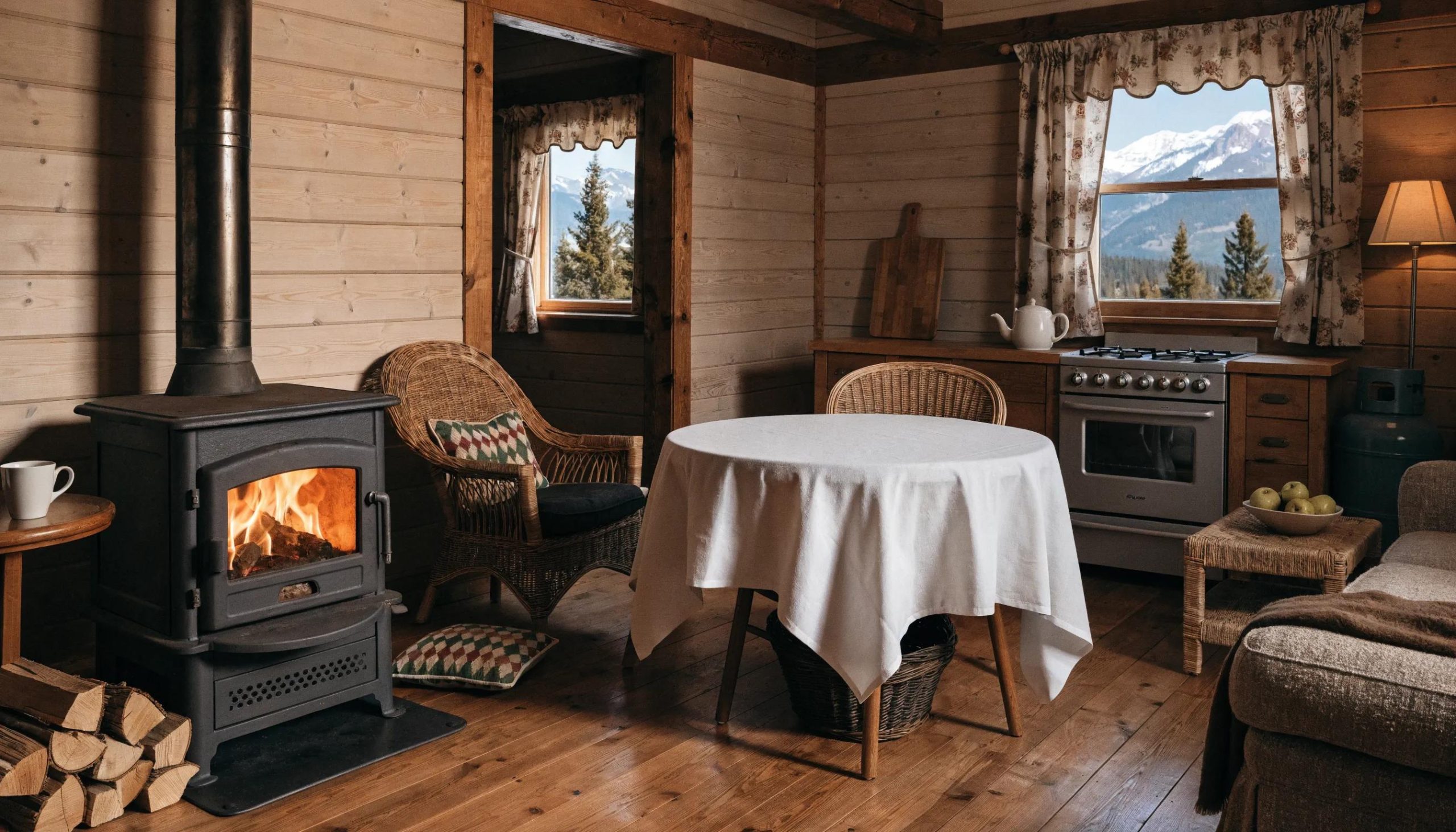 Comparison of wood-burning stove and propane stove in a cozy Colorado home, discussing emergency heating options