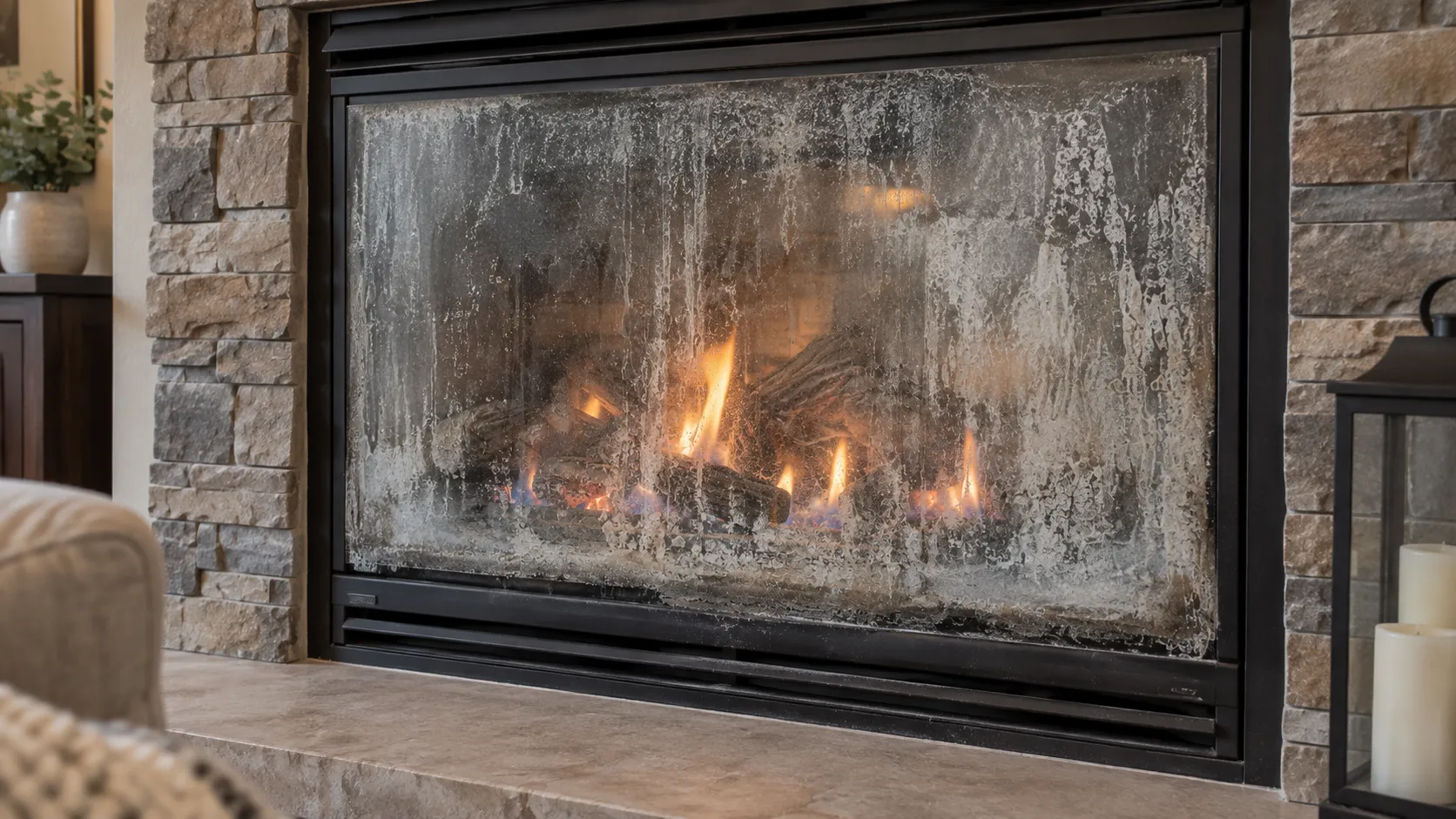 gas fireplace glass with white residue build up