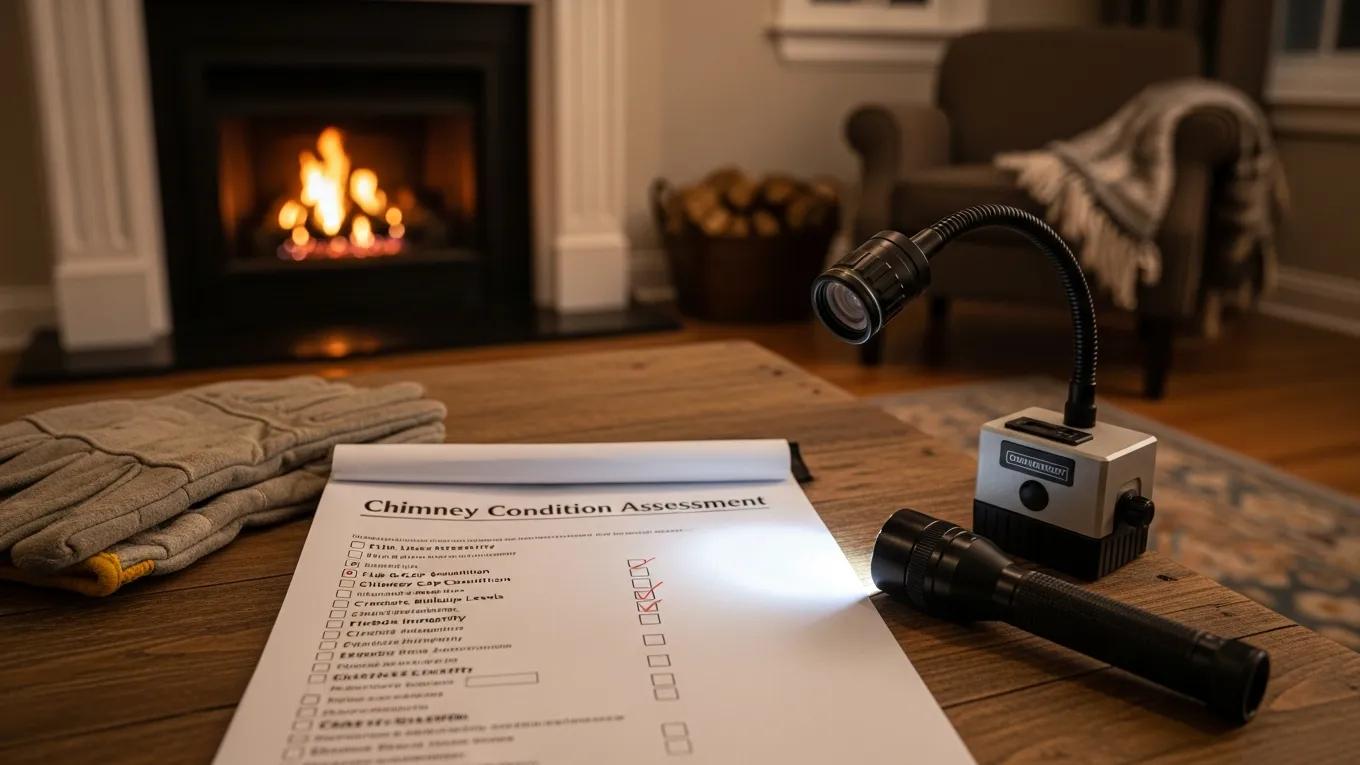 Chimney inspection tools and report checklist in a cozy living room setting
