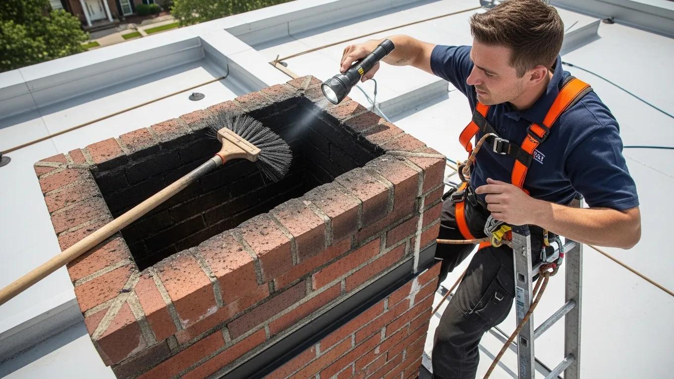 Chimney technician inspecting a chimney, showcasing professional services for safe operation