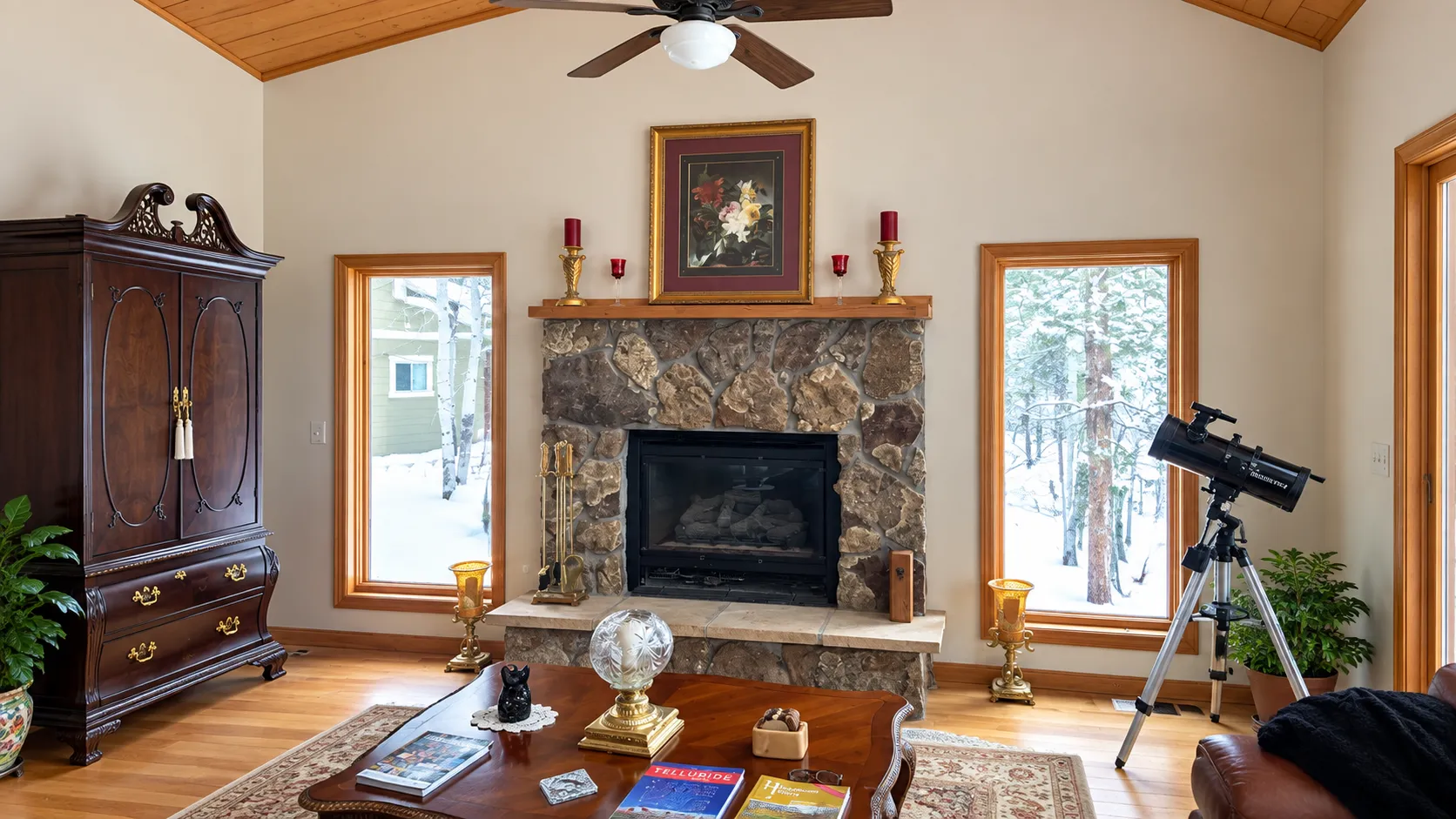 Gas fireplace in a mountain home