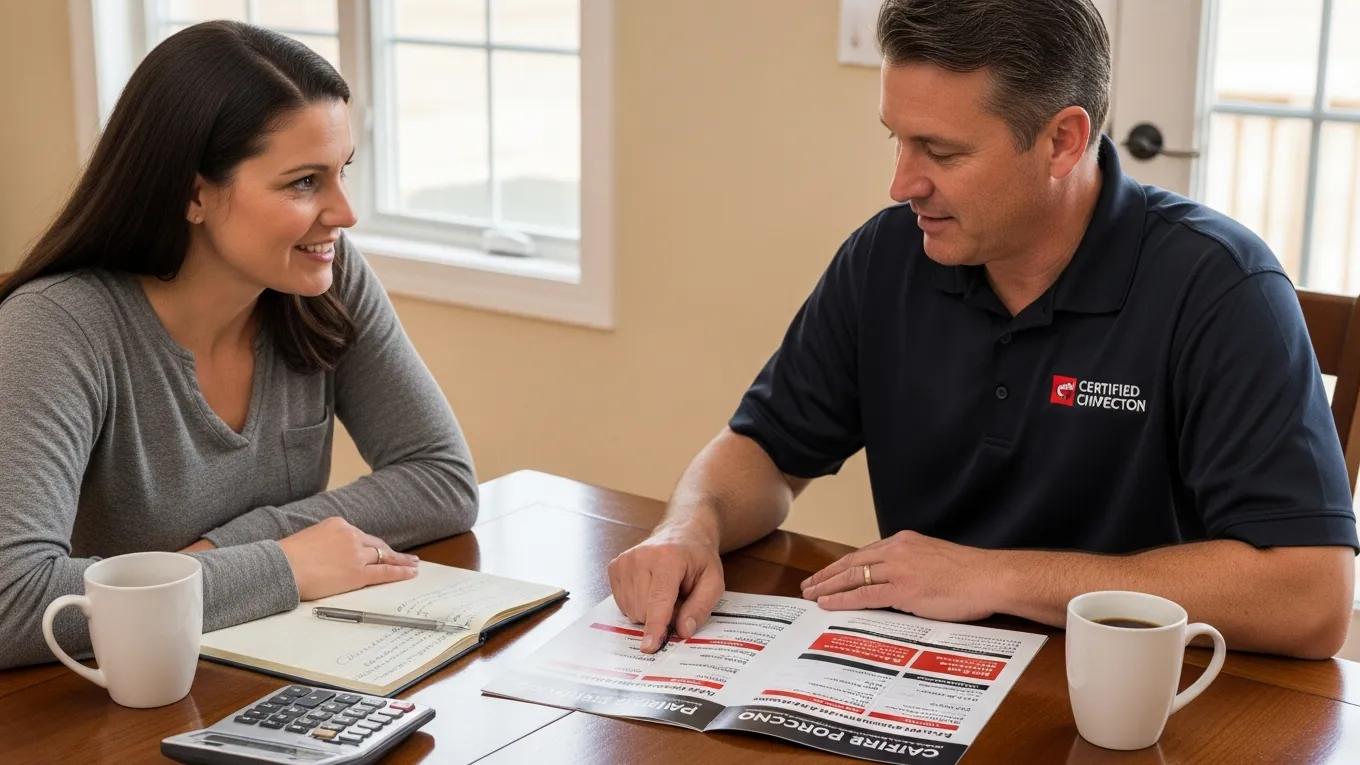 Homeowner discussing chimney inspection costs with a certified inspector at a kitchen table
