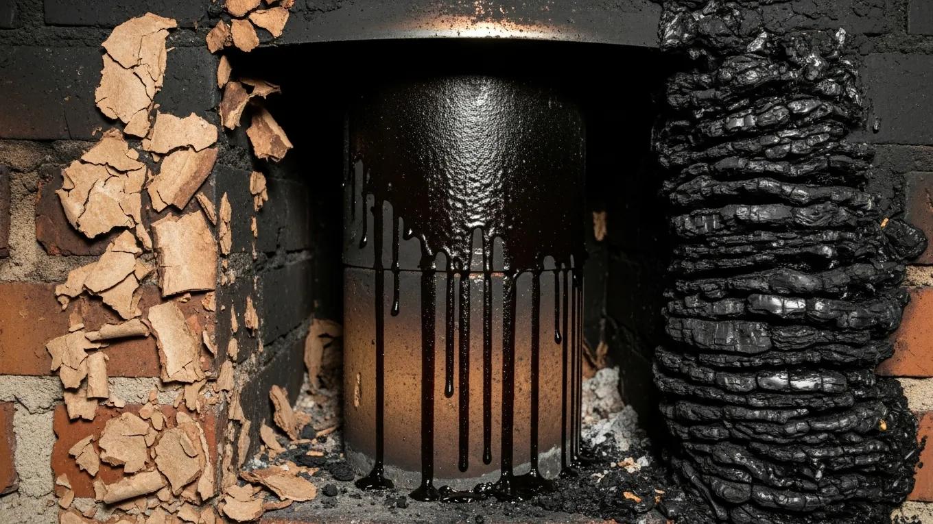 Illustration of three types of chimney creosote: flaky, sticky, and hard, emphasizing fire hazards
