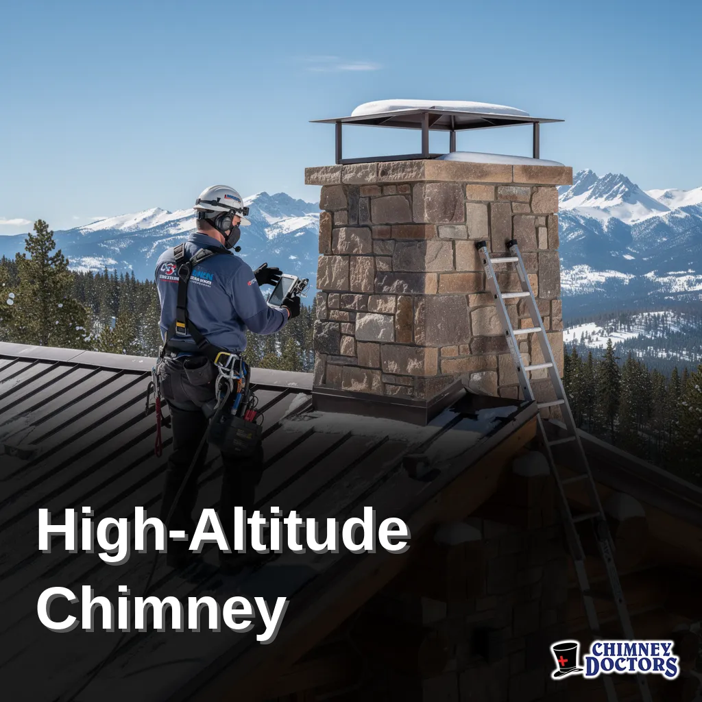 CSIA-certified technician inspecting a stone masonry chimney on a snowy mountain roof